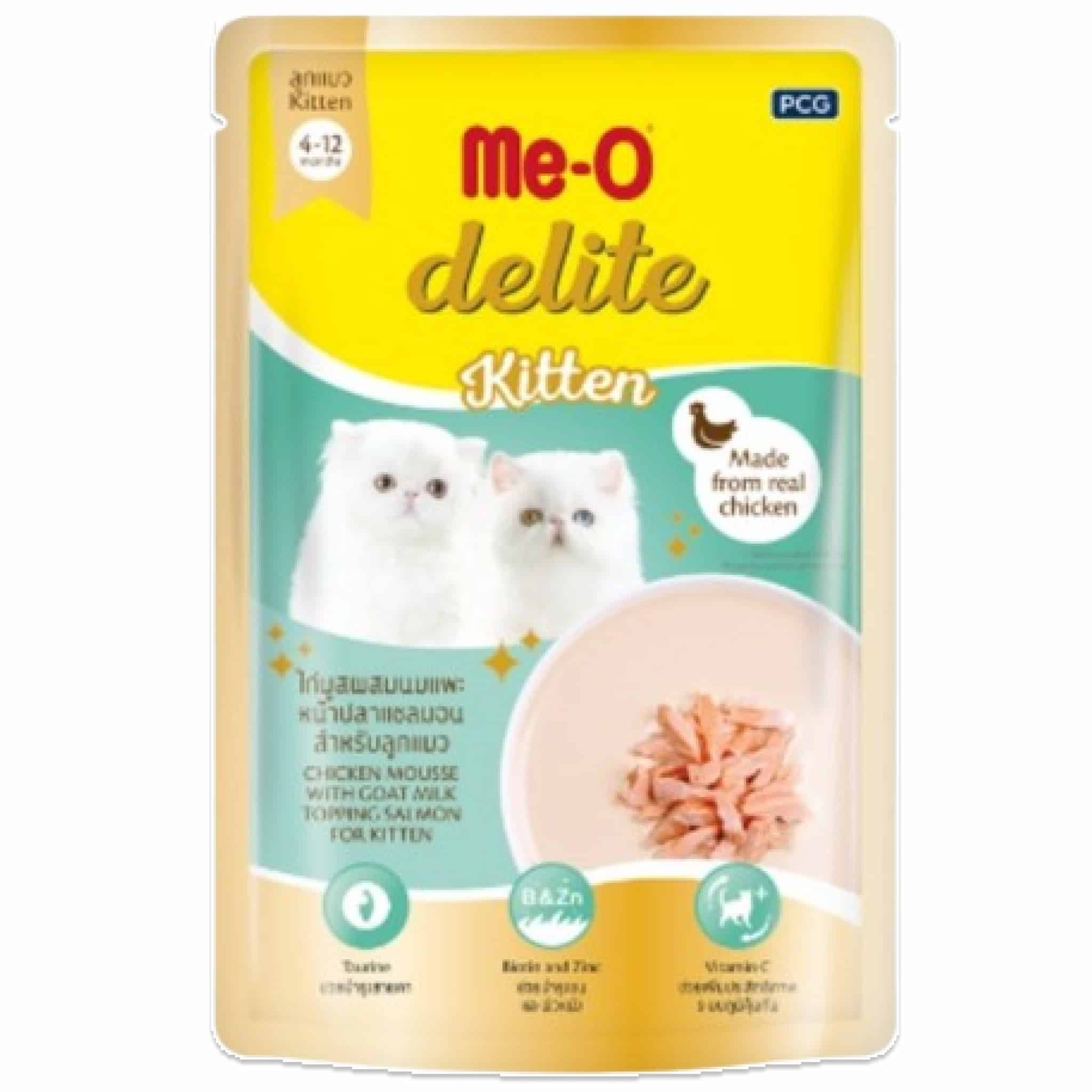 Me-O Delite ไก่มูสผสมนมแพะหน้าปลาแซลมอน สำหรับลูกแมว