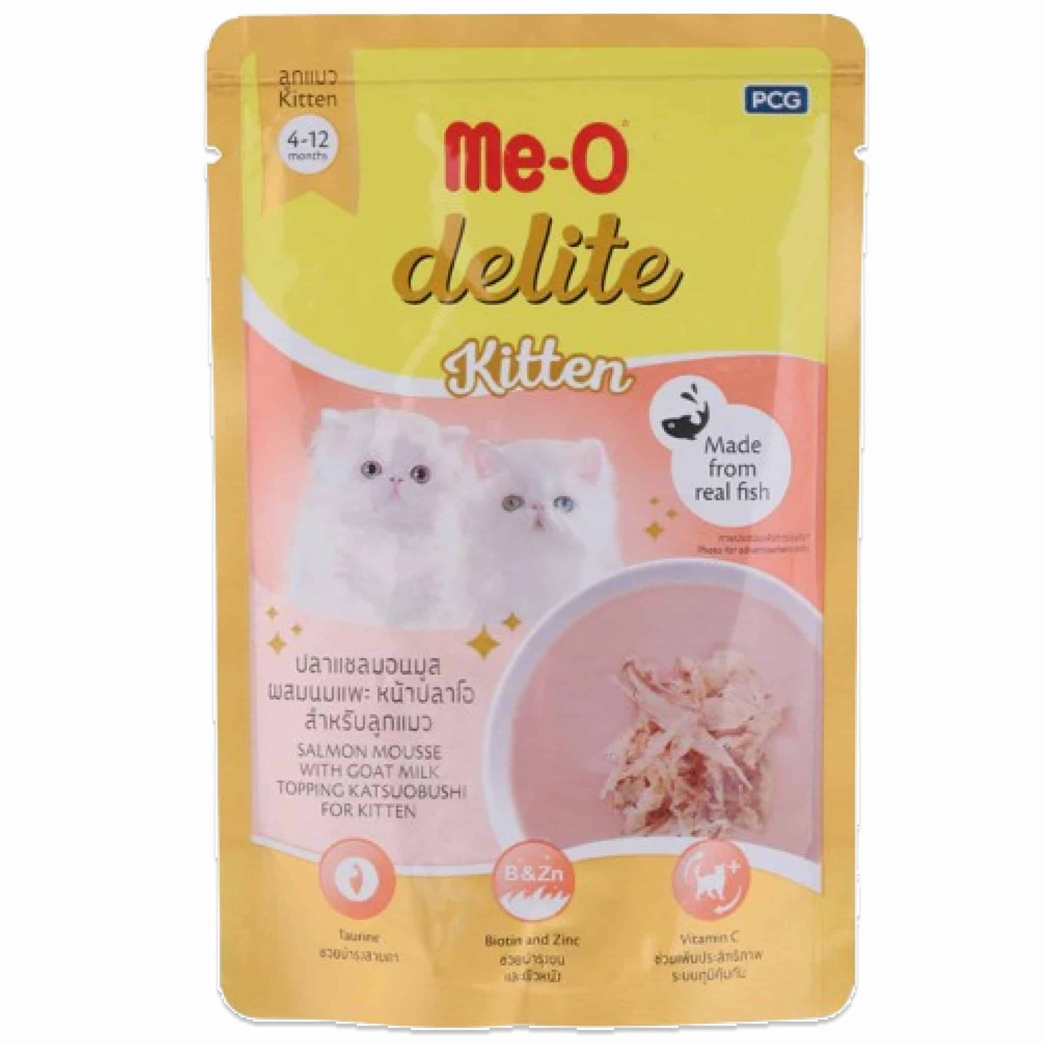 Me-O Delite ไก่มูสผสมนมแพะหน้าปลาแซลมอน สำหรับลูกแมว