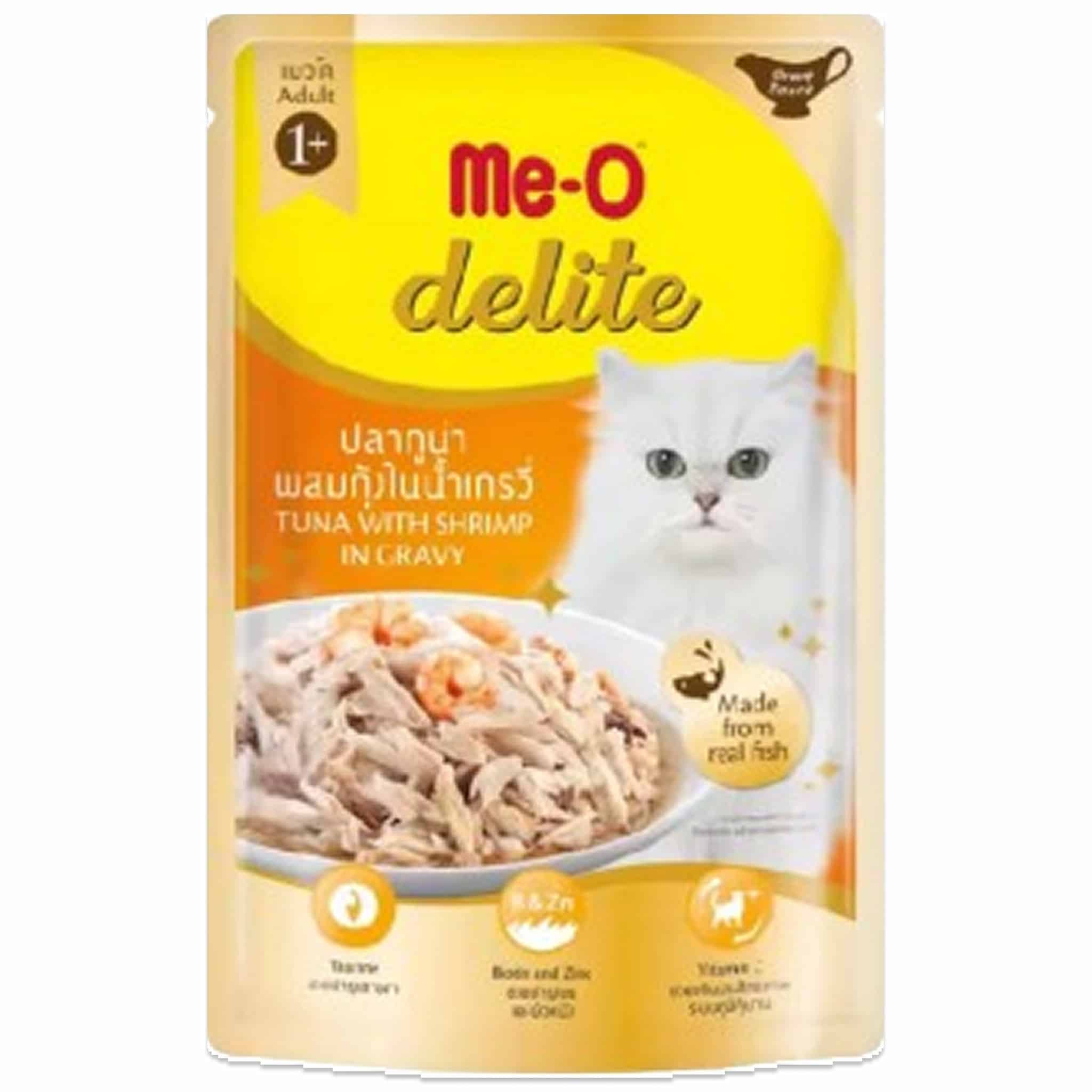 Me-O Delite ปลาทูน่าผสมกุ้งในเกรวี่ สำหรับแมวโต