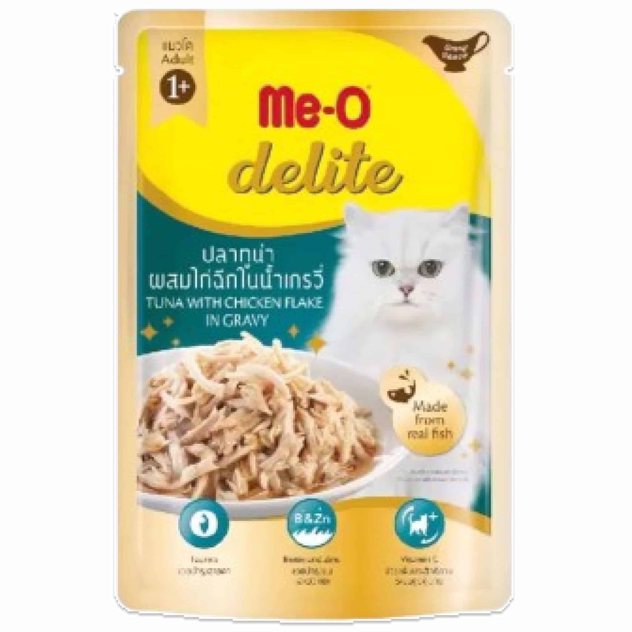Me-O Delite ปลาทูน่าผสมไก่ฉีกในน้ำเกรวี่ สำหรับแมวโต