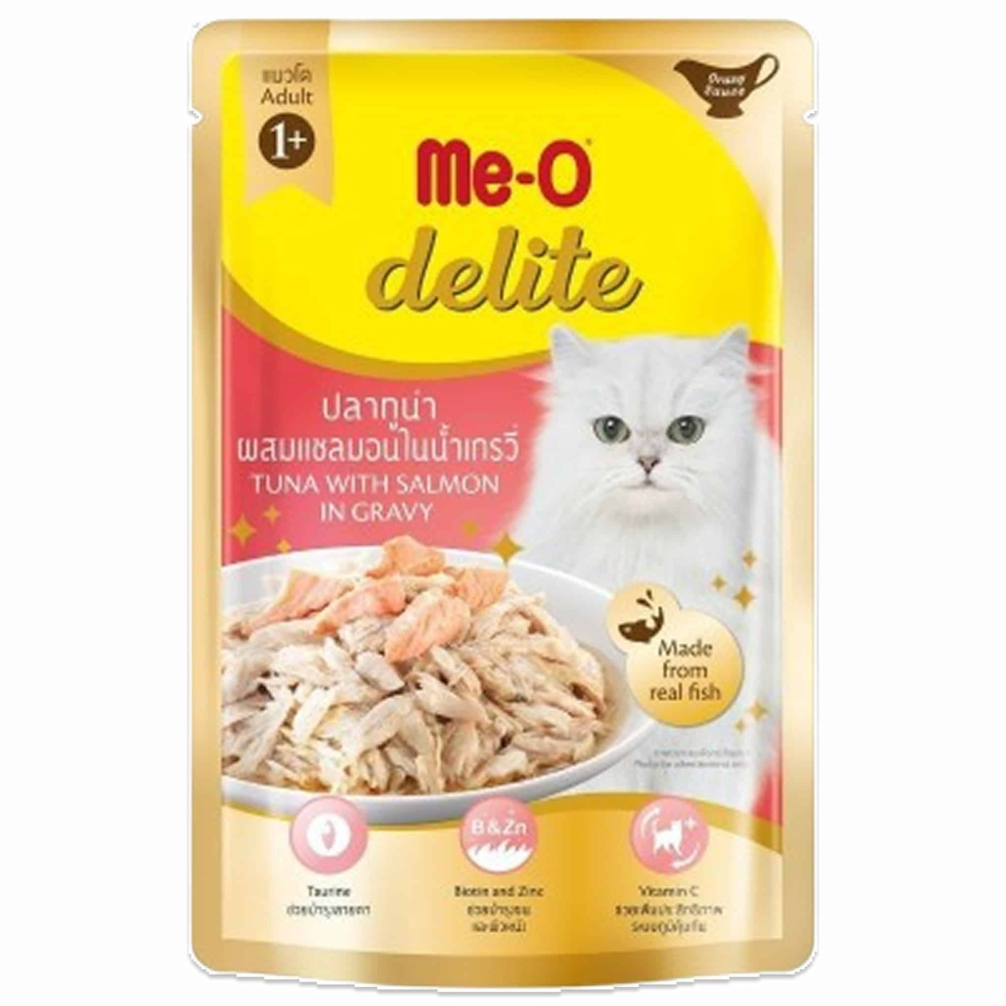 Me-O Delite ปลาทูน่าผสมแซลมอนในน้ำเกรวี่ สำหรับแมวโต