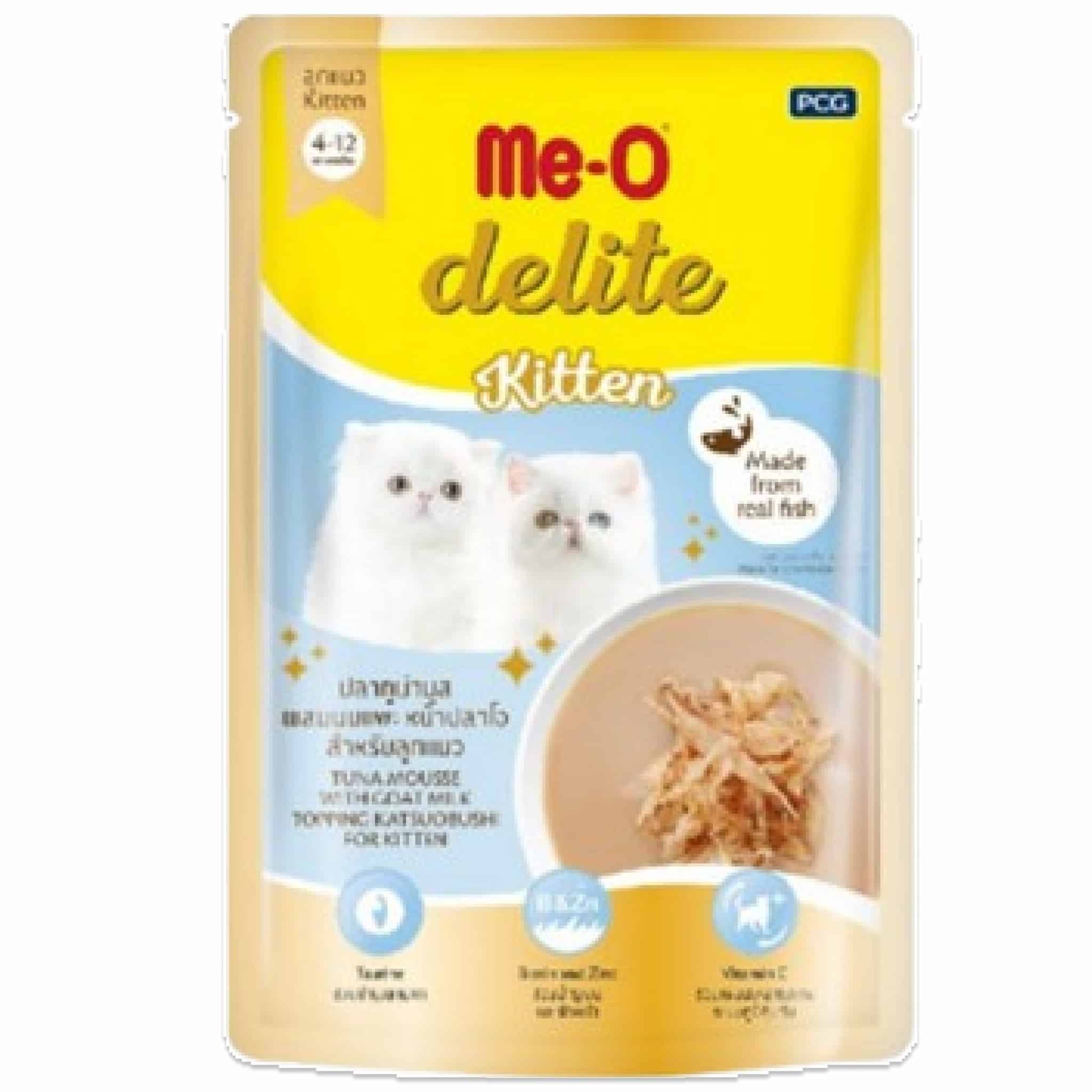 Me-O Delite ปลาทูน่ามูสผสมนมแพะหน้าปลาโอ สำหรับลูกแมว