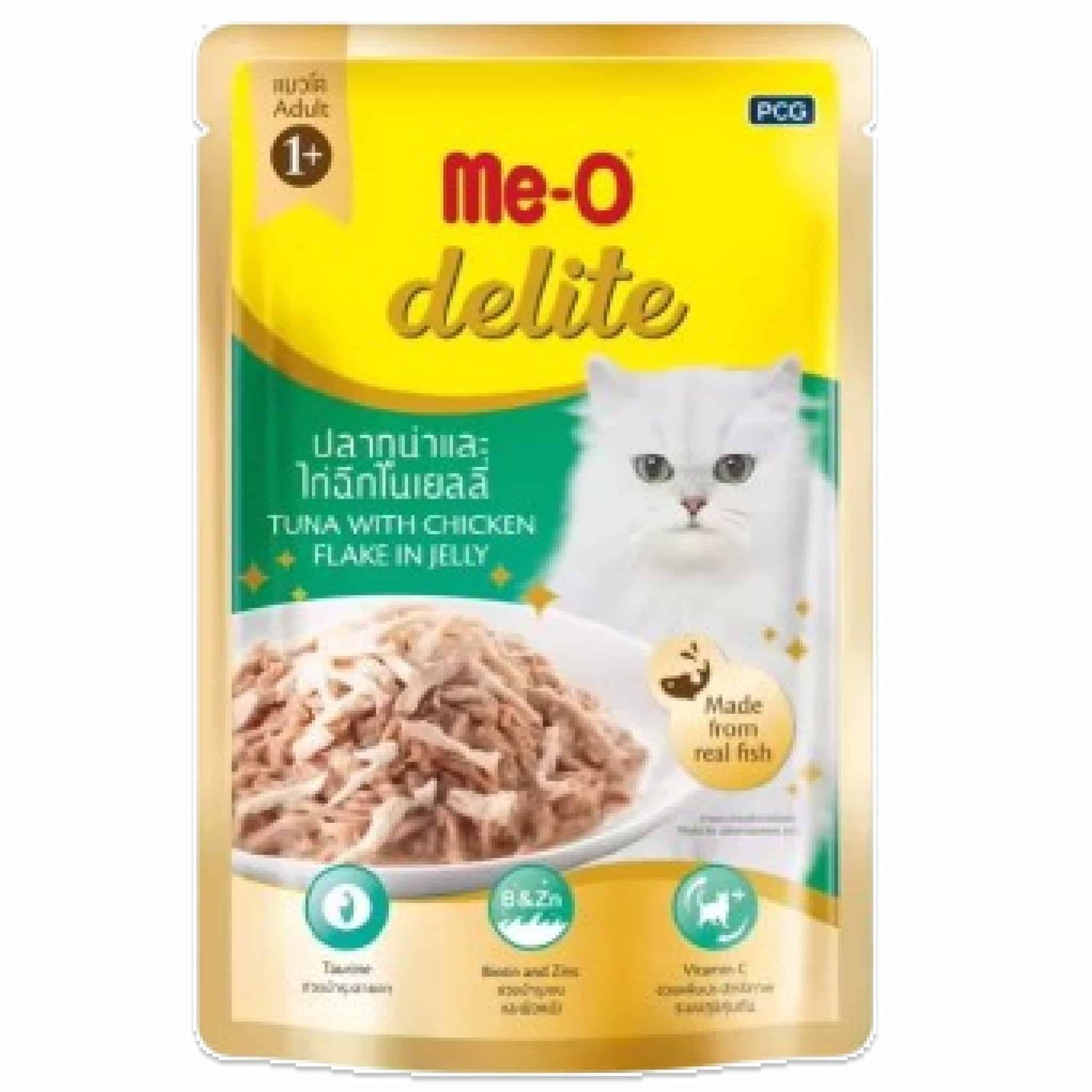 Me-O Delite ปลาทูน่าและไก่ฉีกในเยลลี่ สำหรับแมวโต