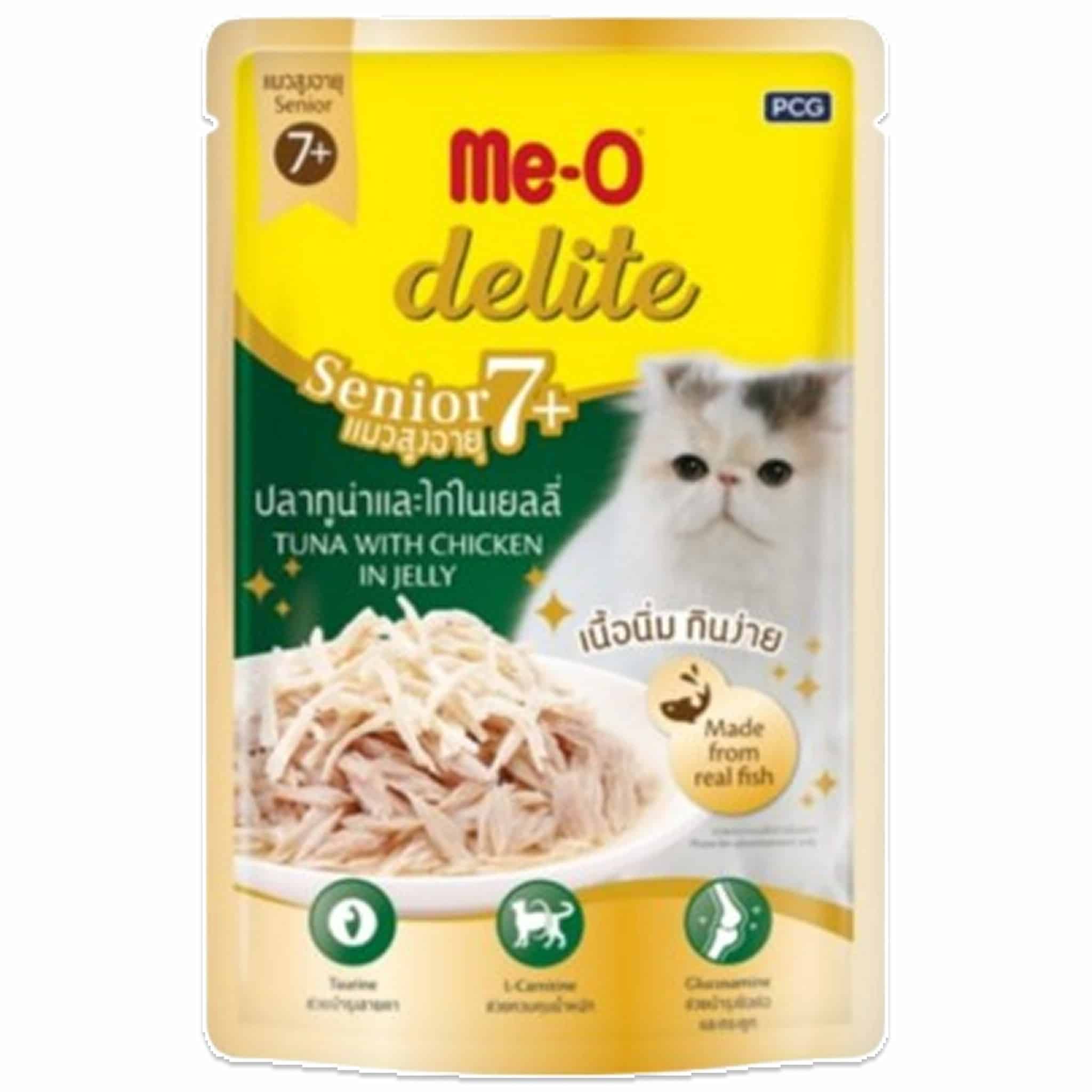 Me-O Delite ปลาทูน่าและไก่ในเยลลี่ สำหรับแมวสูงอายุ