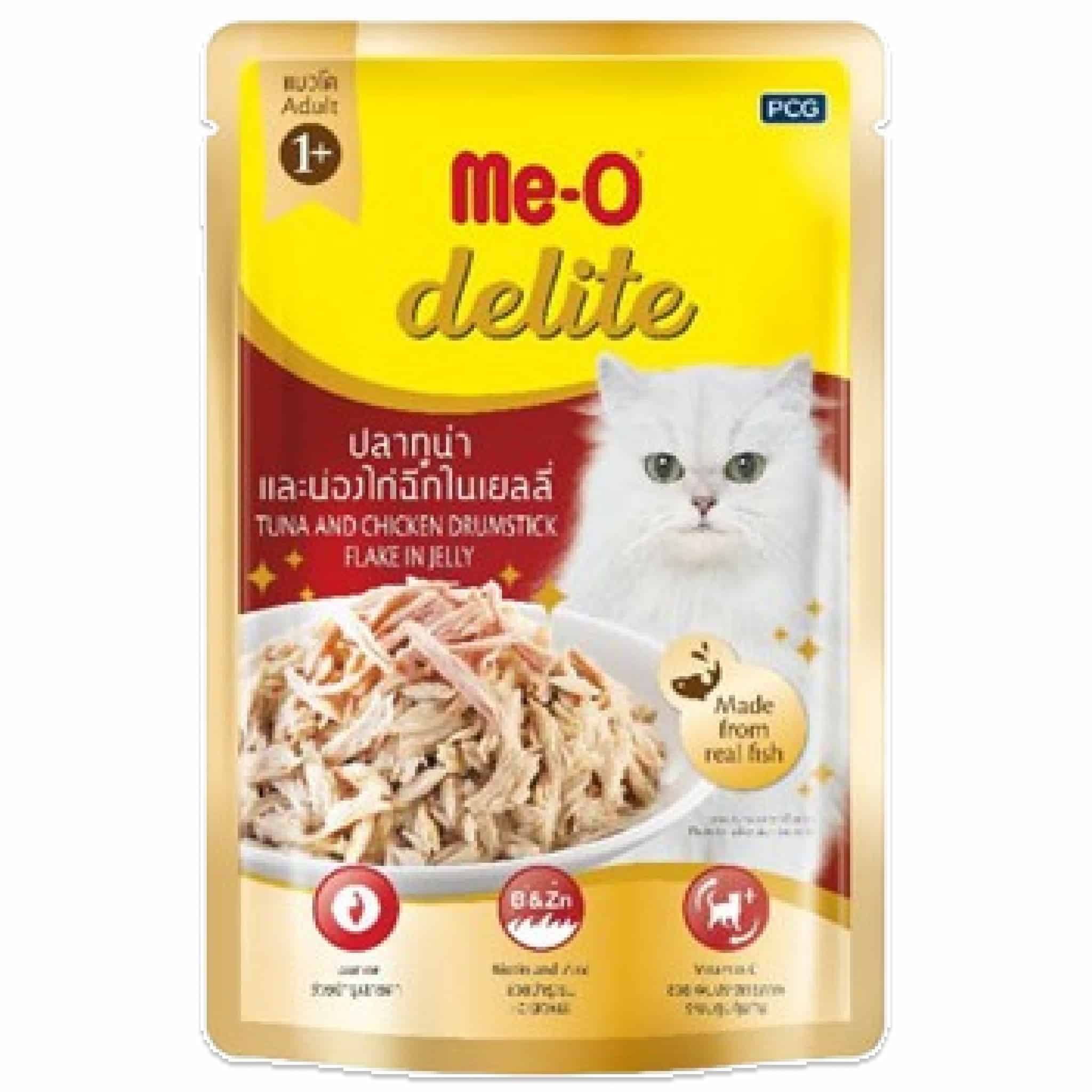 Me-O Delite ปลาทูน่าและน่องไก่ฉีกในเยลลี่ สำหรับแมวโต