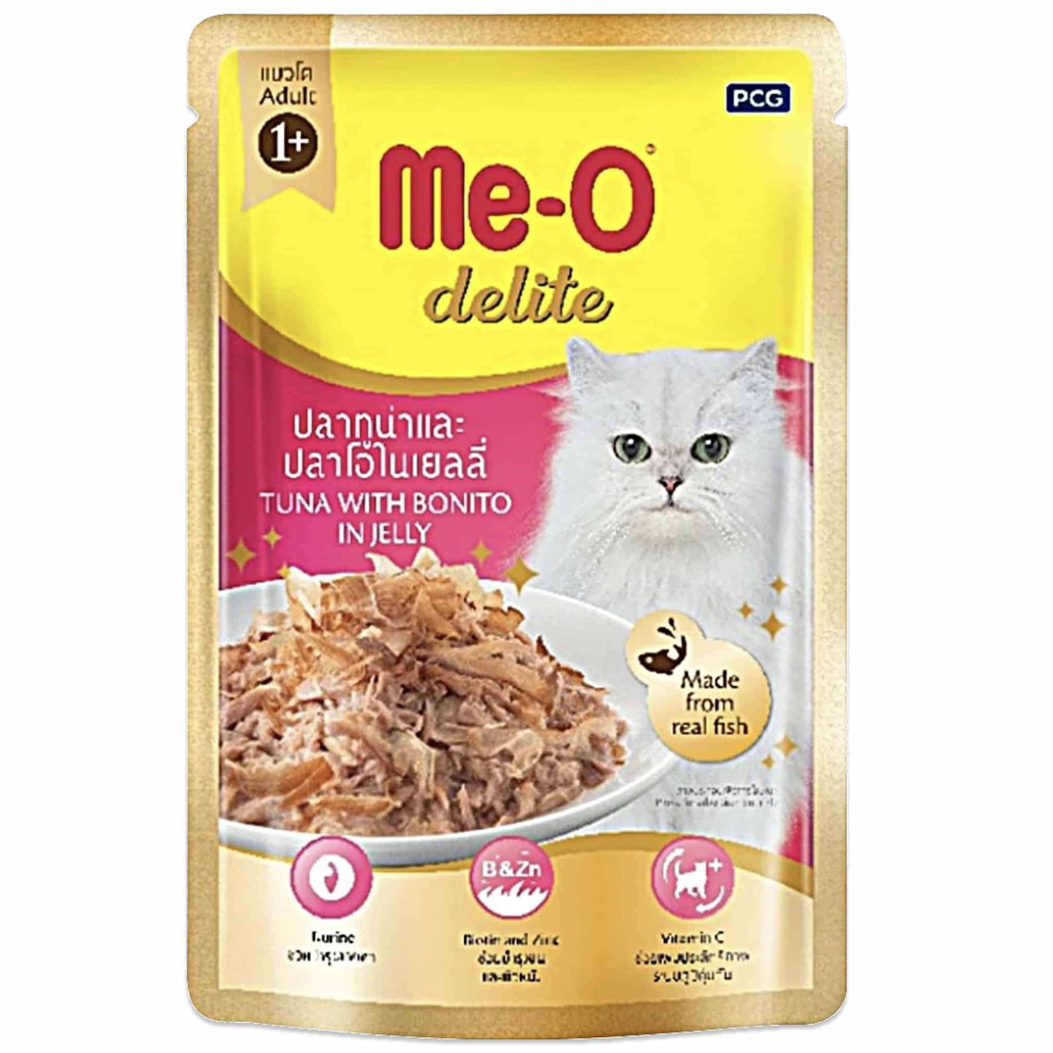 Me-O Delite ปลาทูน่าและปลาโอในเยลลี่ สำหรับแมวโต