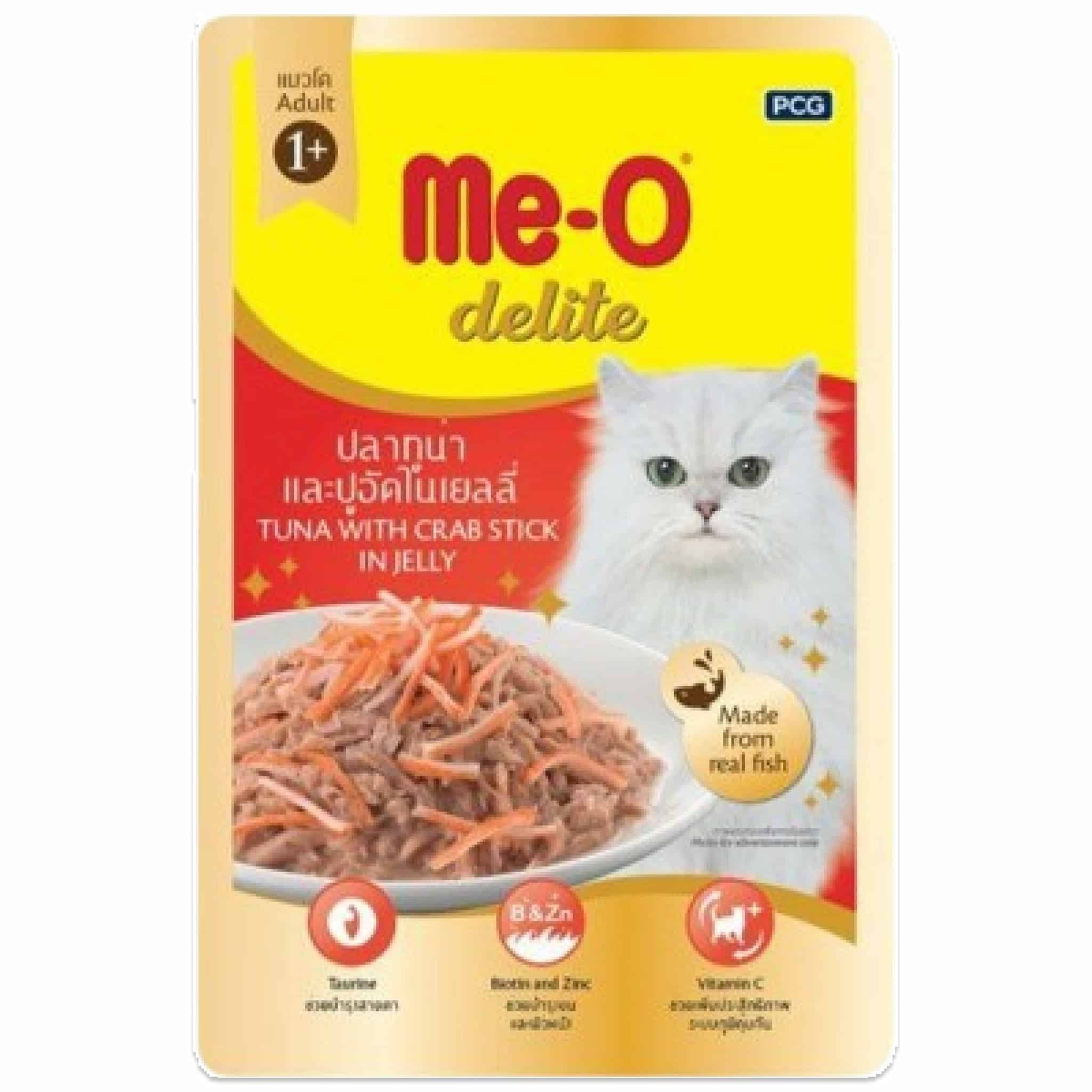 Me-O Delite ปลาทูน่าและปูอัดในเยลลี่ สำหรับแมวโต